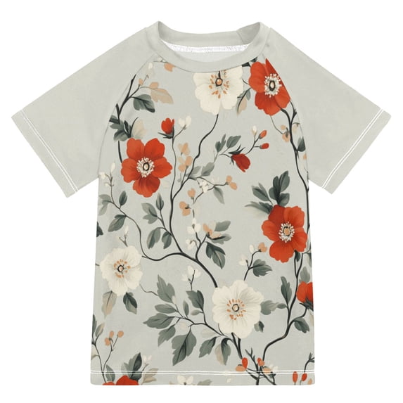 FORMRS Boys Rash Guard Short Sleeves Swim Shirt Quick Dry UPF 50+ Sun Protection, Sizes 3-12T, Red and White Floral Pattern