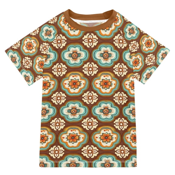 FORMRS Boys Rash Guard with Short Sleeves UPF 50 Swim Shirts Sizes 3-12T, Retro Blossom Flower