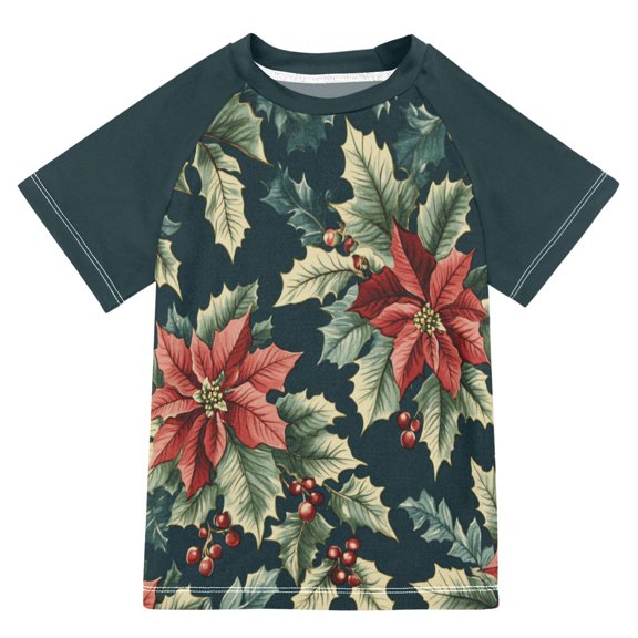 FORMRS Boys Rash Guard with Short Sleeves UPF 50 Swim Shirts Sizes 3-12T, Retro Christmas Poinsettia