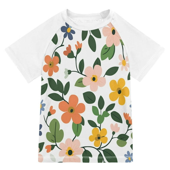 FORMRS Boys Rash Guard with Short Sleeves UPF 50 Swim Shirts Sizes 3-12T, Retro Colorful Flowers