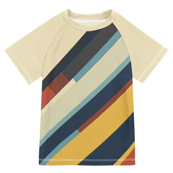 FORMRS Boys Rash Guard with Short Sleeves UPF 50+ Swim Shirts Sizes 3-12T, Retro Colorful Stripes
