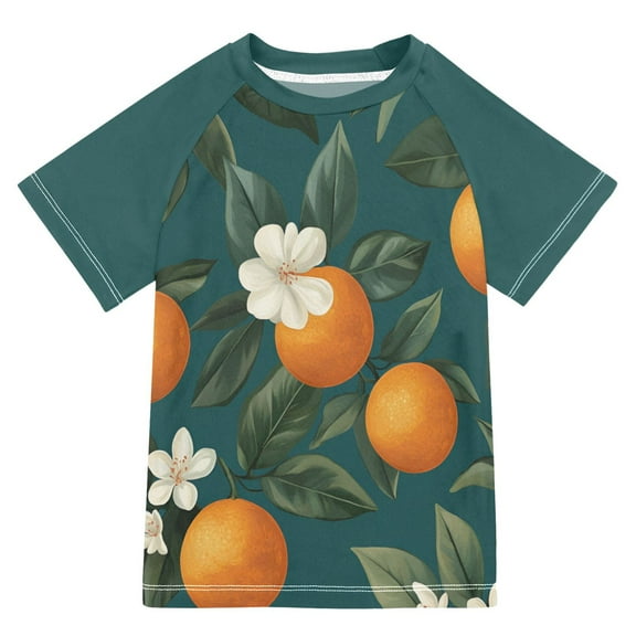 FORMRS Boys Rash Guard with Short Sleeves UPF 50 Swim Shirts Sizes 3-12T, Retro Floral Orange