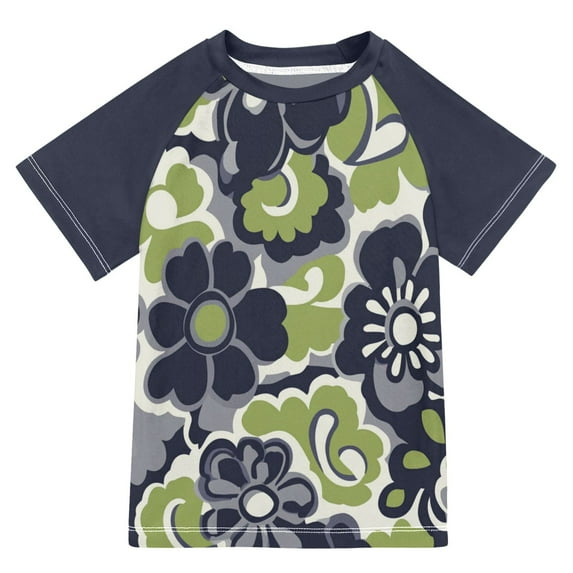 FORMRS Boys Rash Guard with Short Sleeves UPF 50+ Swim Shirts Sizes 3-12T, Retro Floral Pattern