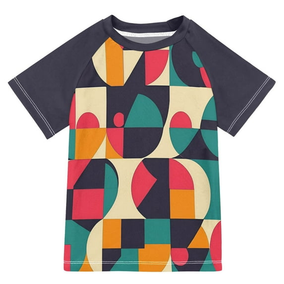 FORMRS Boys Rash Guard with Short Sleeves UPF 50+ Swim Shirts Sizes 3-12T, Retro Geometric