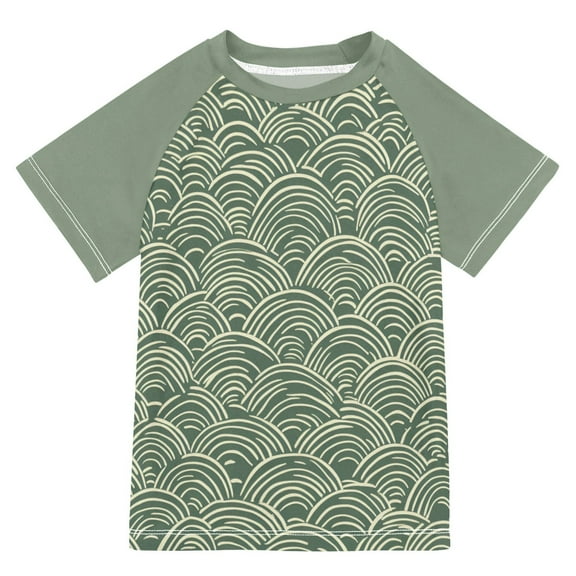 FORMRS Boys Rash Guard with Short Sleeves UPF 50  Swim Shirts Sizes 3-12T, Retro Green Abstract