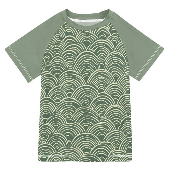 FORMRS Boys Rash Guard with Short Sleeves UPF 50+ Swim Shirts Sizes 3-12T, Retro Green Abstract