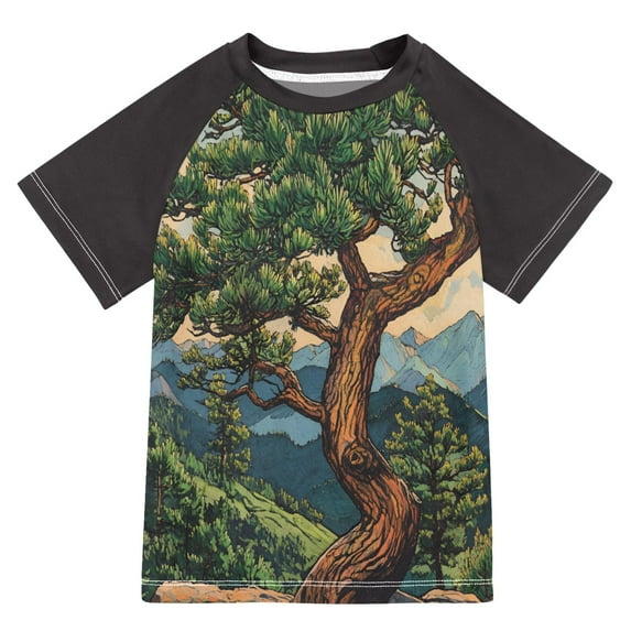 FORMRS Boys Rash Guard Short Sleeves Swim Shirt Quick Dry UPF 50+ Sun Protection, Sizes 3-12T, Retro Pine Tree