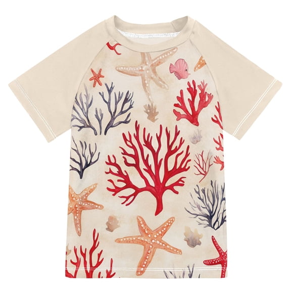 FORMRS Boys Rash Guard with Short Sleeves UPF 50  Swim Shirts Sizes 3-12T, Retro Starfish