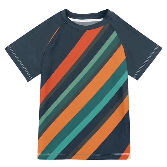 FORMRS Boys Rash Guard Short Sleeves Swim Shirt Quick Dry UPF 50+ Sun Protection, Sizes 3-12T, Retro Stripes
