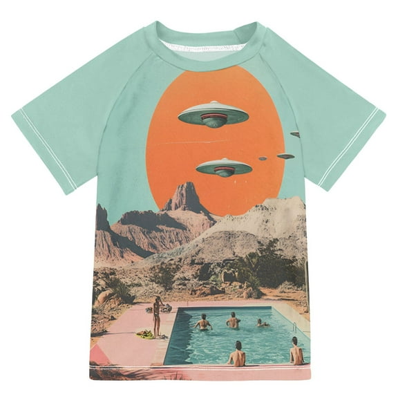 FORMRS Boys Rash Guard with Short Sleeves UPF 50+ Swim Shirts Sizes 3-12T, Retro UFO