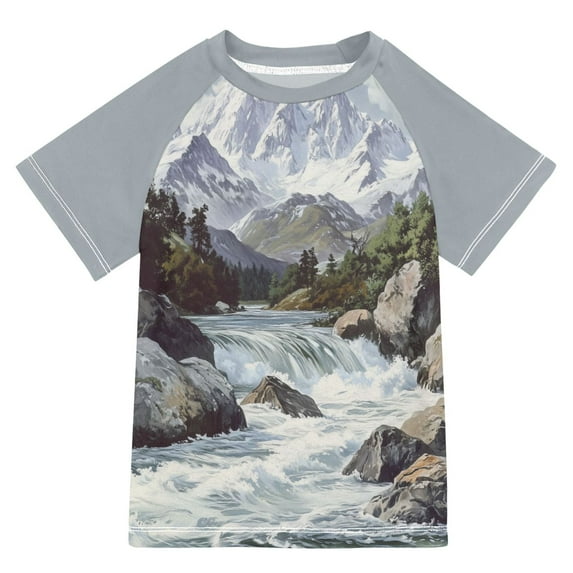 FORMRS Boys Rash Guard with Short Sleeves UPF 50+ Swim Shirts Sizes 3-12T, River and Mountains