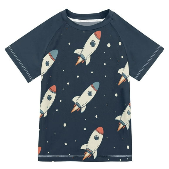 FORMRS Boys Rash Guard with Short Sleeves UPF 50  Swim Shirts Sizes 3-12T, Rocket Pattern