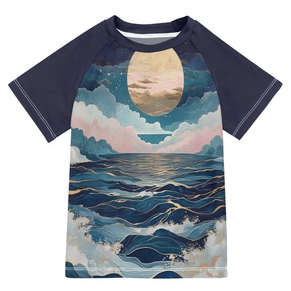 FORMRS Boys Rash Guard Short Sleeves Swim Shirt Quick Dry UPF 50+ Sun Protection, Sizes 3-12T, Rolling Waves