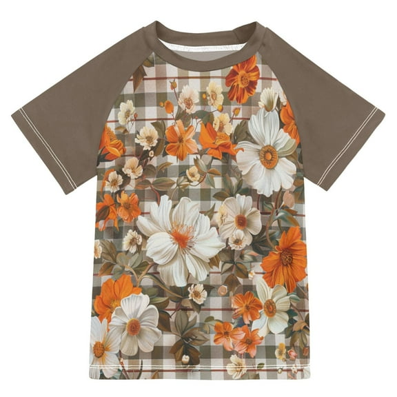 FORMRS Boys Rash Guard with Short Sleeves UPF 50+ Swim Shirts Sizes 3-12T, Rustic Floral