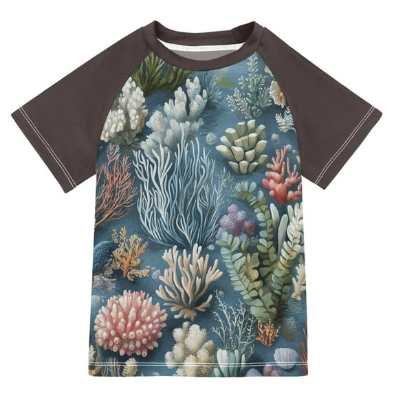 FORMRS Boys Rash Guard with Short Sleeves UPF 50+ Swim Shirts Sizes 3-12T, Sea Plants Pattern
