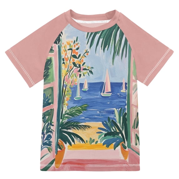 FORMRS Boys Rash Guard Short Sleeves Swim Shirt Quick Dry UPF 50+ Sun Protection, Sizes 3-12T, Seaside Leaves