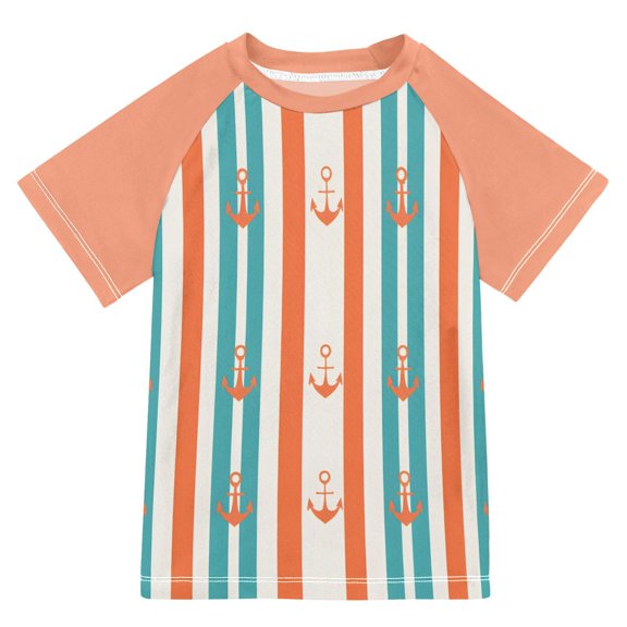 FORMRS Boys Rash Guard with Short Sleeves UPF 50  Swim Shirts Sizes 3-12T, Simple Nautical Pattern