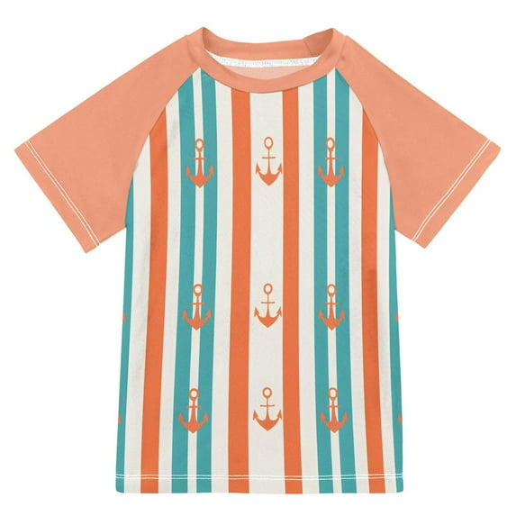 FORMRS Boys Rash Guard with Short Sleeves UPF 50+ Swim Shirts Sizes 3-12T, Simple Nautical Pattern
