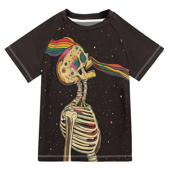 FORMRS Boys Rash Guard with Short Sleeves UPF 50+ Swim Shirts Sizes 3-12T, Skeleton Stripes