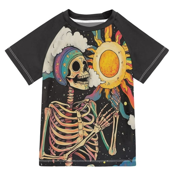 FORMRS Boys Rash Guard with Short Sleeves UPF 50  Swim Shirts Sizes 3-12T, Skeleton with Sun