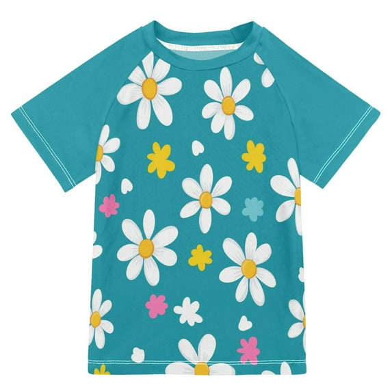 FORMRS Boys Rash Guard with Short Sleeves UPF 50+ Swim Shirts Sizes 3-12T, Small Daisy