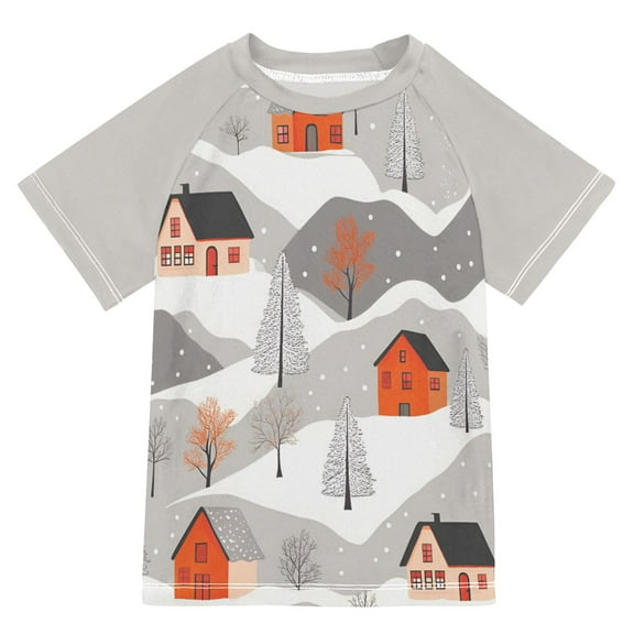 FORMRS Boys Rash Guard with Short Sleeves UPF 50  Swim Shirts Sizes 3-12T, Snow Cartoon Houses
