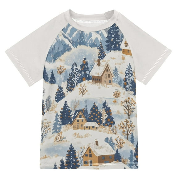 FORMRS Boys Rash Guard with Short Sleeves UPF 50+ Swim Shirts Sizes 3-12T, Snowy Winter