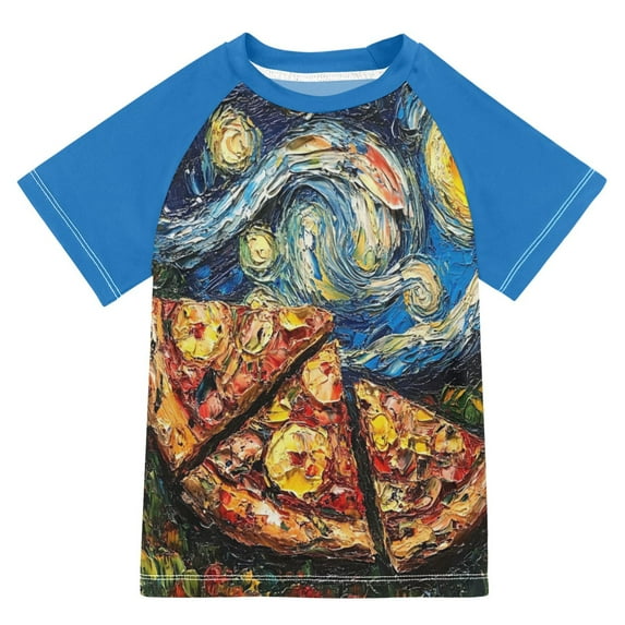 FORMRS Boys Rash Guard with Short Sleeves UPF 50+ Swim Shirts Sizes 3-12T, Starry Pizza