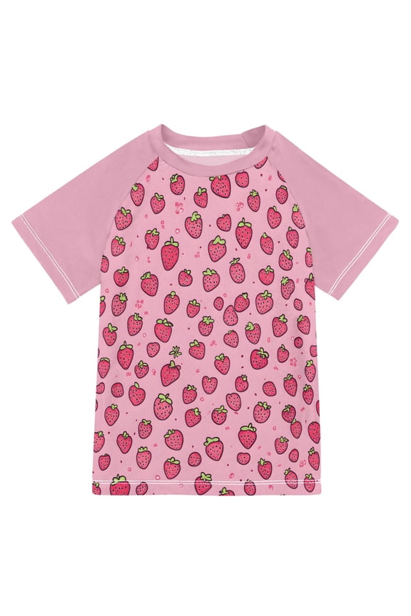 Boys Rash Guard with Short Sleeves UPF 50+ Swim Shirts Sizes 3-12T, Strawberry Bliss