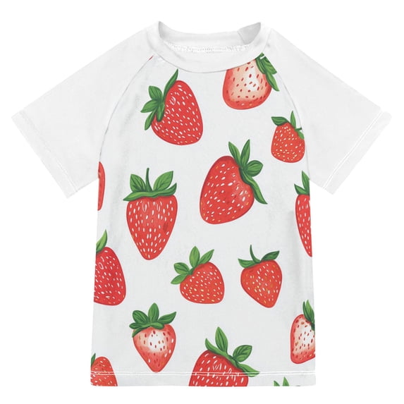 FORMRS Boys Rash Guard Short Sleeves Swim Shirt Quick Dry UPF 50+ Sun Protection, Sizes 3-12T, Strawberry