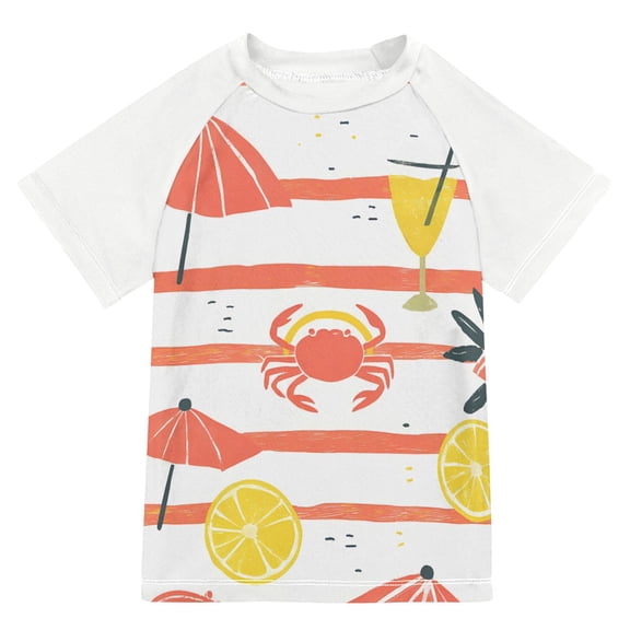FORMRS Boys Rash Guard with Short Sleeves UPF 50  Swim Shirts Sizes 3-12T, Striped Crab