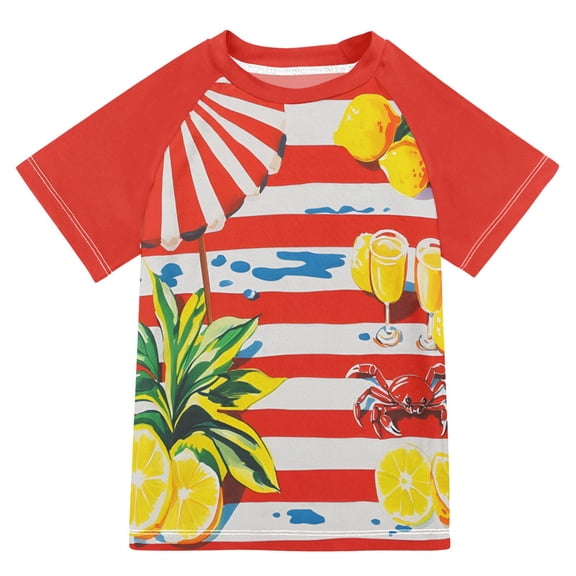 FORMRS Boys Rash Guard with Short Sleeves UPF 50  Swim Shirts Sizes 3-12T, Striped Lemon