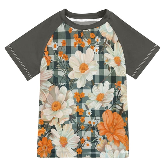 FORMRS Boys Rash Guard Short Sleeves Swim Shirt Quick Dry UPF 50+ Sun Protection, Sizes 3-12T, Sunny Blooms