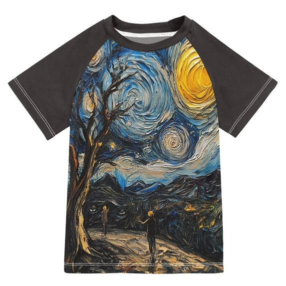 FORMRS Boys Rash Guard Short Sleeves Swim Shirt Quick Dry UPF 50+ Sun Protection, Sizes 3-12T, Swirling Starry Sky