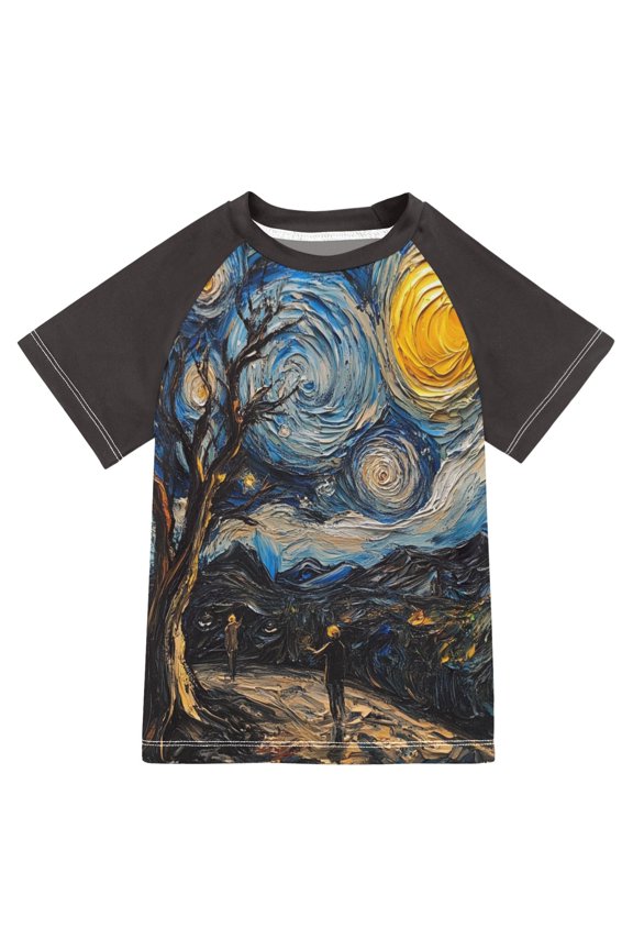 Boys Rash Guard Short Sleeves Swim Shirt Quick Dry UPF 50+ Sun Protection, Sizes 3-12T, Swirling Starry Sky