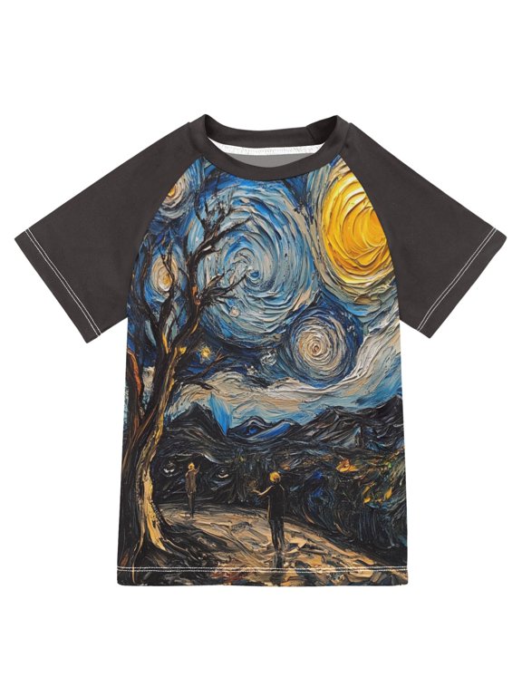 Boys Rash Guard Short Sleeves Swim Shirt Quick Dry UPF 50+ Sun Protection, Sizes 3-12T, Swirling Starry Sky