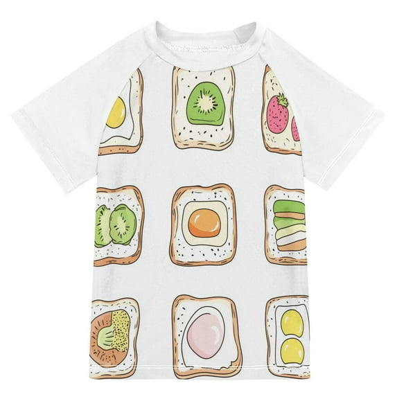 FORMRS Boys Rash Guard Short Sleeves Swim Shirt Quick Dry UPF 50+ Sun Protection, Sizes 3-12T, Toasts Pattern