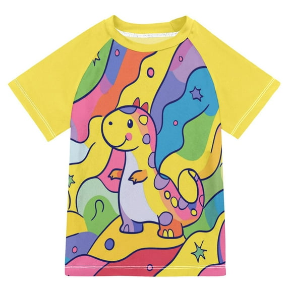 FORMRS Boys Rash Guard with Short Sleeves UPF 50+ Swim Shirts Sizes 3-12T, Vibrant Dinosaur