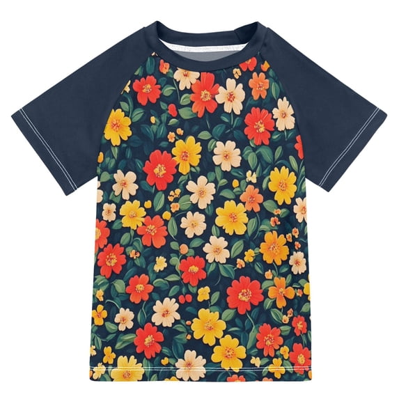 FORMRS Boys Rash Guard Short Sleeves Swim Shirt Quick Dry UPF 50+ Sun Protection, Sizes 3-12T, Vibrant Flowers