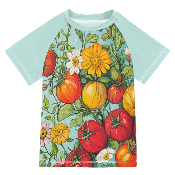 FORMRS Boys Rash Guard Short Sleeves Swim Shirt Quick Dry UPF 50+ Sun Protection, Sizes 3-12T, Vibrant Tomatoes