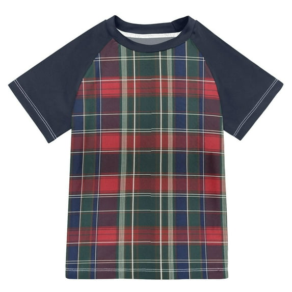 FORMRS Boys Rash Guard with Short Sleeves UPF 50+ Swim Shirts Sizes 3-12T, Warm Tartan Mosaic