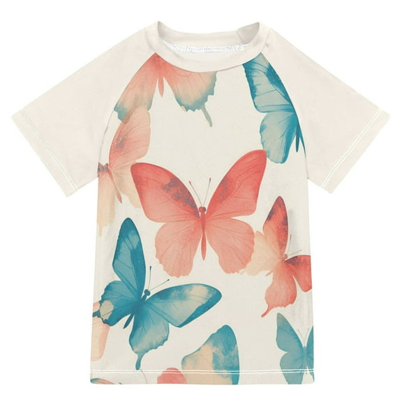 FORMRS Boys Rash Guard with Short Sleeves UPF 50  Swim Shirts Sizes 3-12T, Watercolor Butterflies