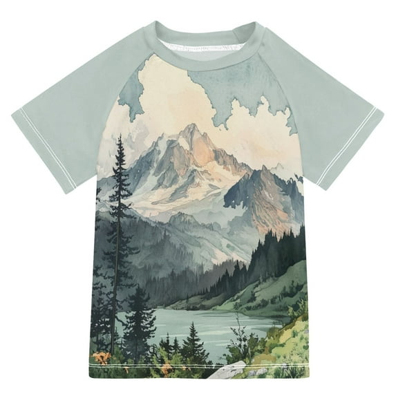 FORMRS Boys Rash Guard with Short Sleeves UPF 50+ Swim Shirts Sizes 3-12T, Watercolor Mountatin