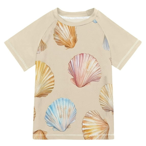 FORMRS Boys Rash Guard with Short Sleeves UPF 50+ Swim Shirts Sizes 3-12T, Watercolor Seashell