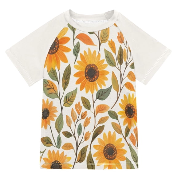 FORMRS Boys Rash Guard with Short Sleeves UPF 50 Swim Shirts Sizes 3-12T, Watercolor Sunflowers
