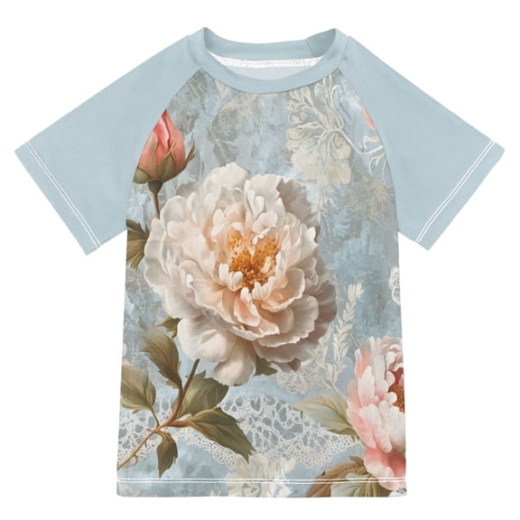 FORMRS Boys Rash Guard with Short Sleeves UPF 50  Swim Shirts Sizes 3-12T, Whimsical Rose