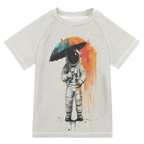 FORMRS Boys Rash Guard with Short Sleeves UPF 50+ Swim Shirts Sizes 3-12T, White Astronaut