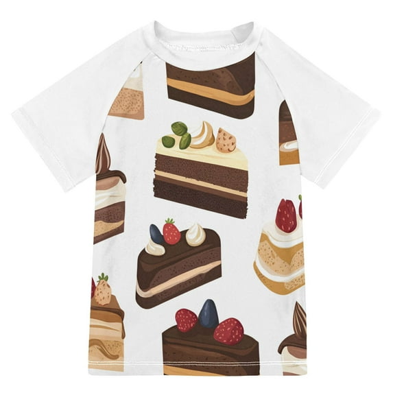 FORMRS Boys Rash Guard with Short Sleeves UPF 50+ Swim Shirts Sizes 3-12T, White Cakes Pattern