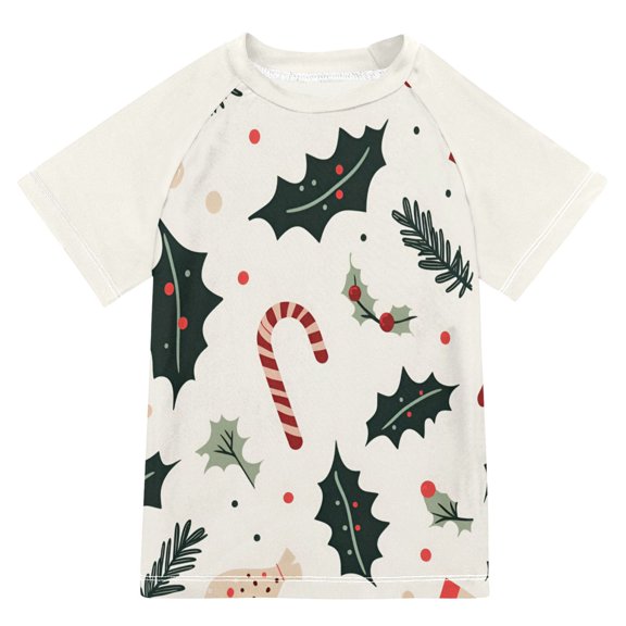 FORMRS Boys Rash Guard with Short Sleeves UPF 50 Swim Shirts Sizes 3-12T, White Christmas Holly