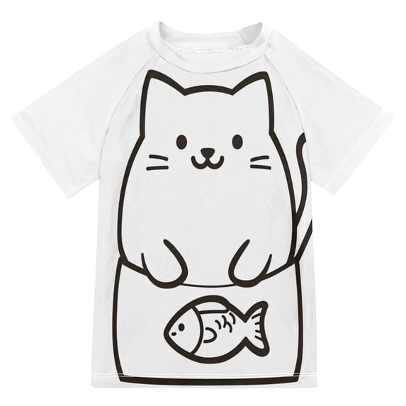 FORMRS Boys Rash Guard Short Sleeves Swim Shirt Quick Dry UPF 50+ Sun Protection, Sizes 3-12T, White Chubby Cat